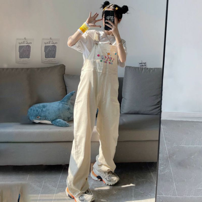 Yếm Quần Ống Rộng Màu Be Thêu Hình Cute Phong Cách Hàn Quốc  ❤️