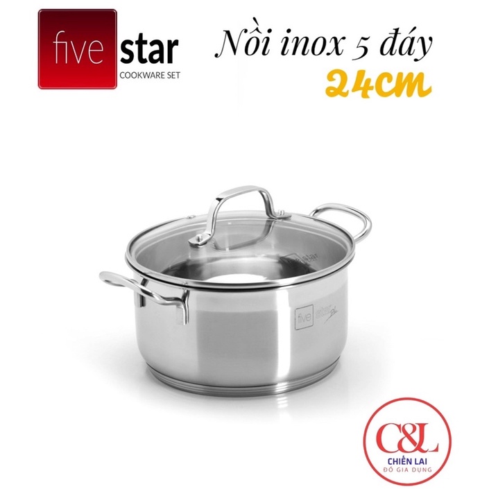 Nồi inox Fivestar 5 đáy inox 304 đun từ. Size 16/18/20/24cm