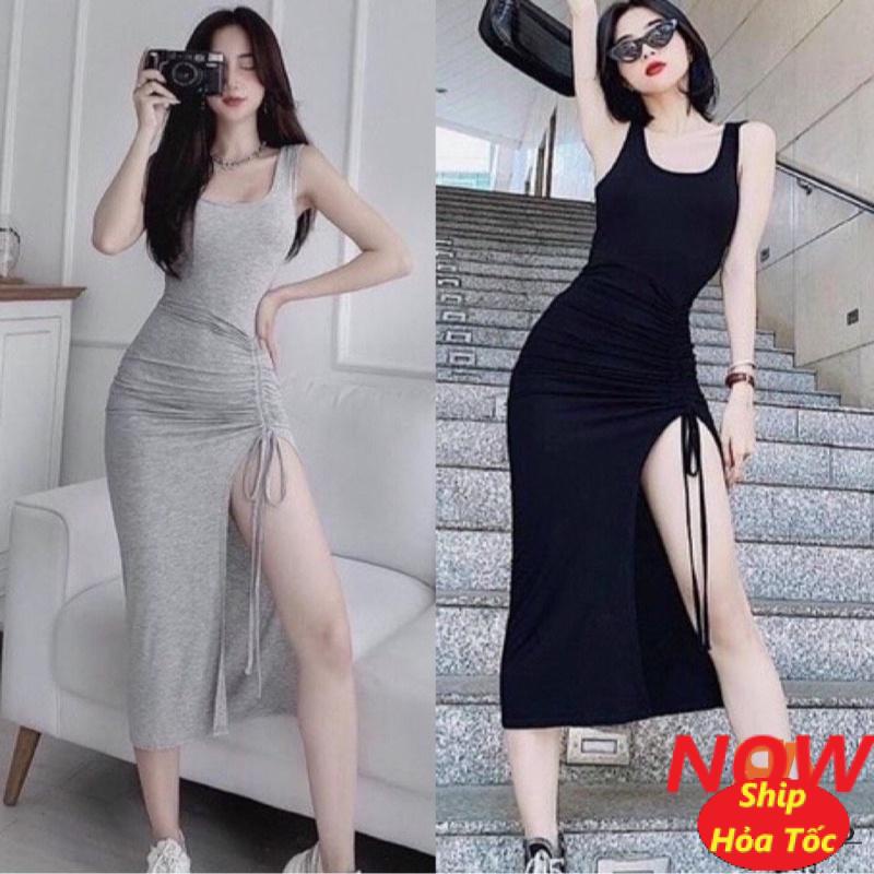 Đầm dây nữ ôm body phổi rút dây đùi xẻ tà chất vải thun Borip FreeSize dưới 52kg