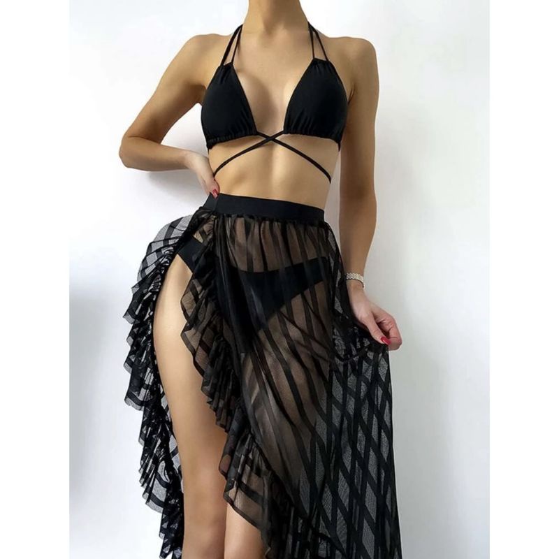 Bikini 3 Mảnh Váy Voan Bồng Bềnh xẻ Tà Xuyên Thấu Sexy