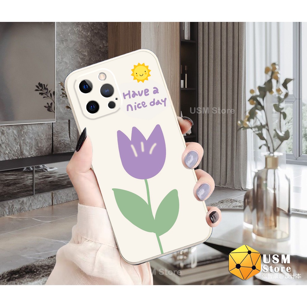 Ốp điện thoại iphone 11/11Pro/11Promax/12/12Mini/12Pro/1 Promax/13/13Pro/13Promax viền vuông bảo vệ camera, in hoa tulip