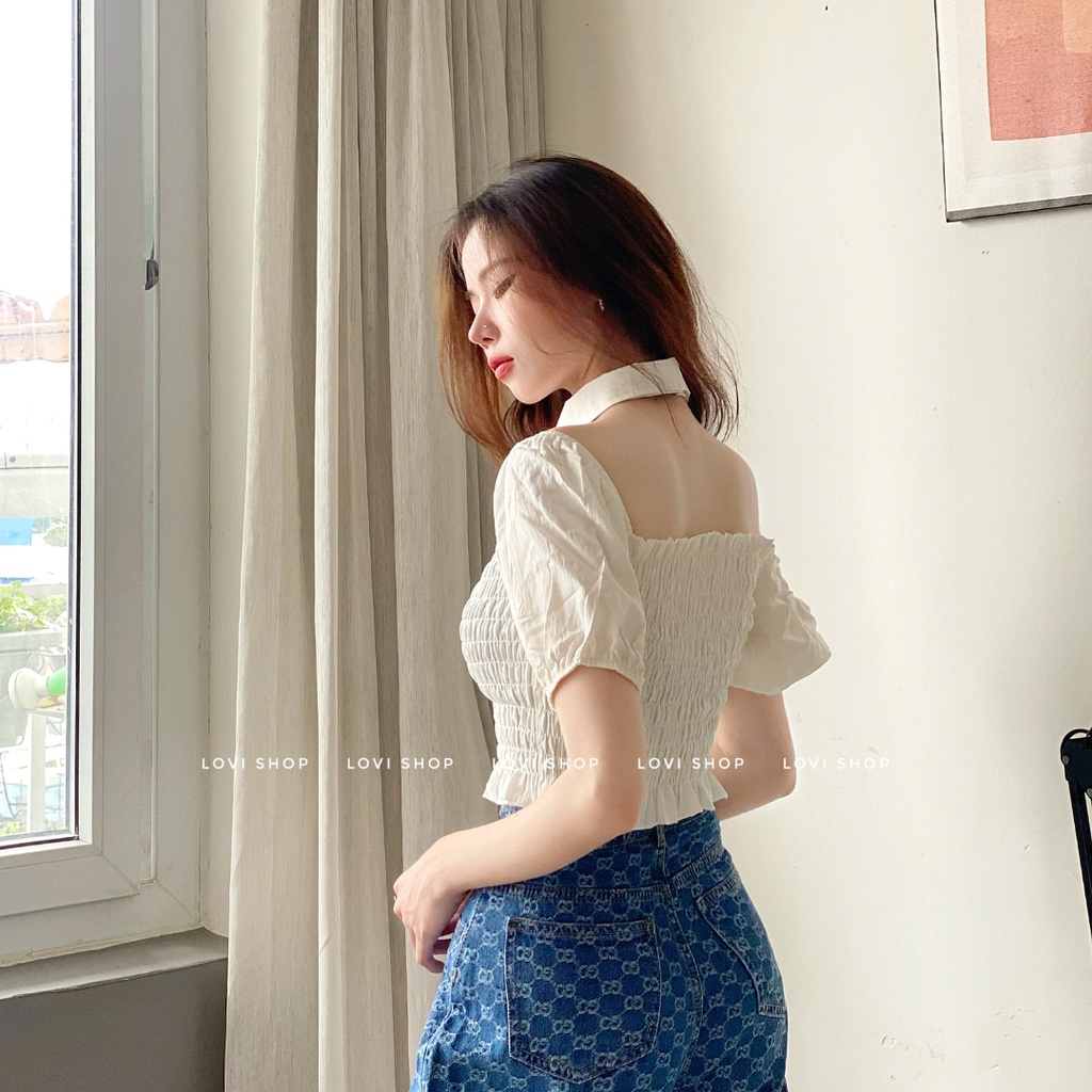 Áo croptop kiểu nhún cổ sơ mi rời nhiều màu Lovi