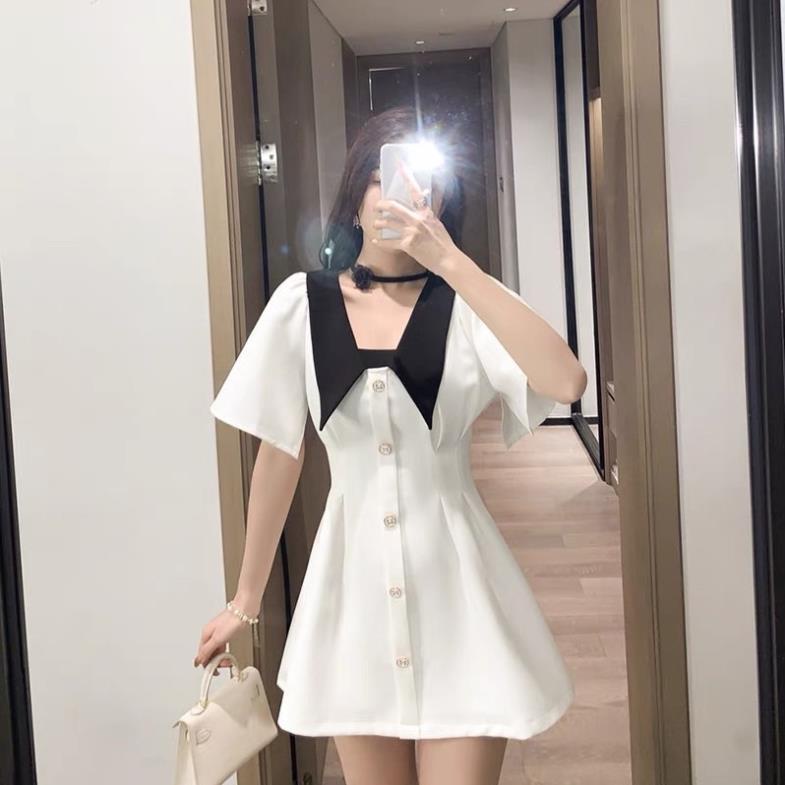 Váy Thiết Kế Ly Eo Cổ Trắng Đen Dáng Suông 2 Màu Siêu Xinh