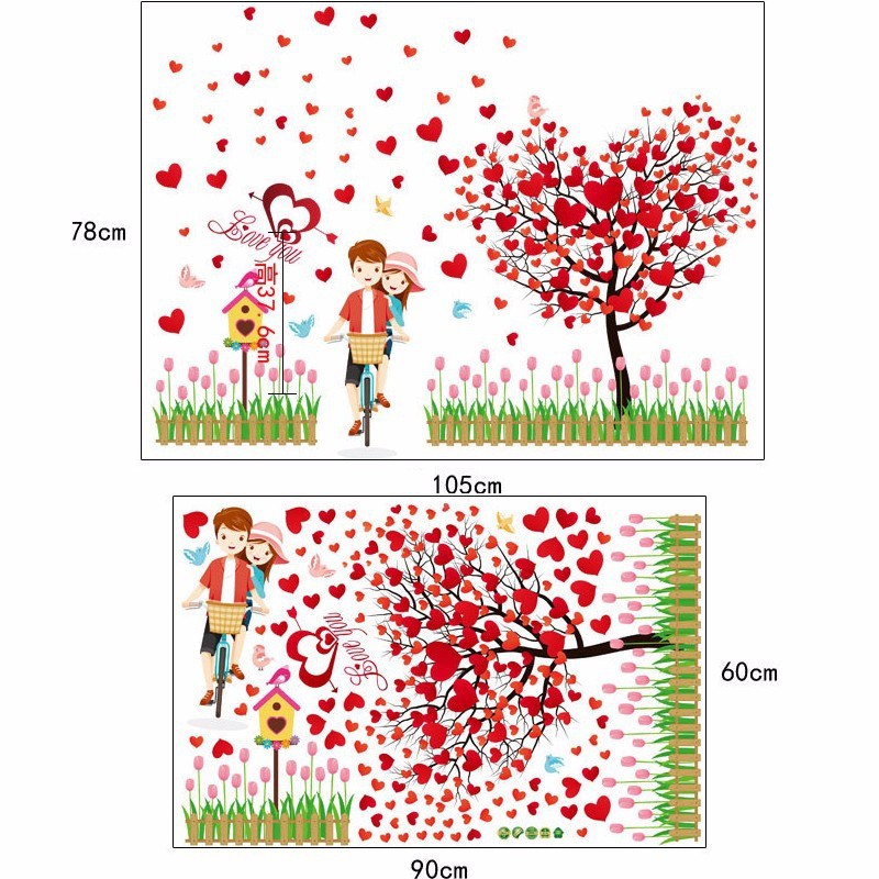 Decal dán tường tình yêu xe đạp với cây hình trái tim màu đỏ