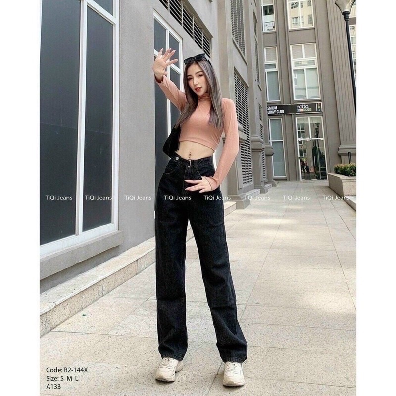 Quần jeans suông cạp cao đai cài dây khuy