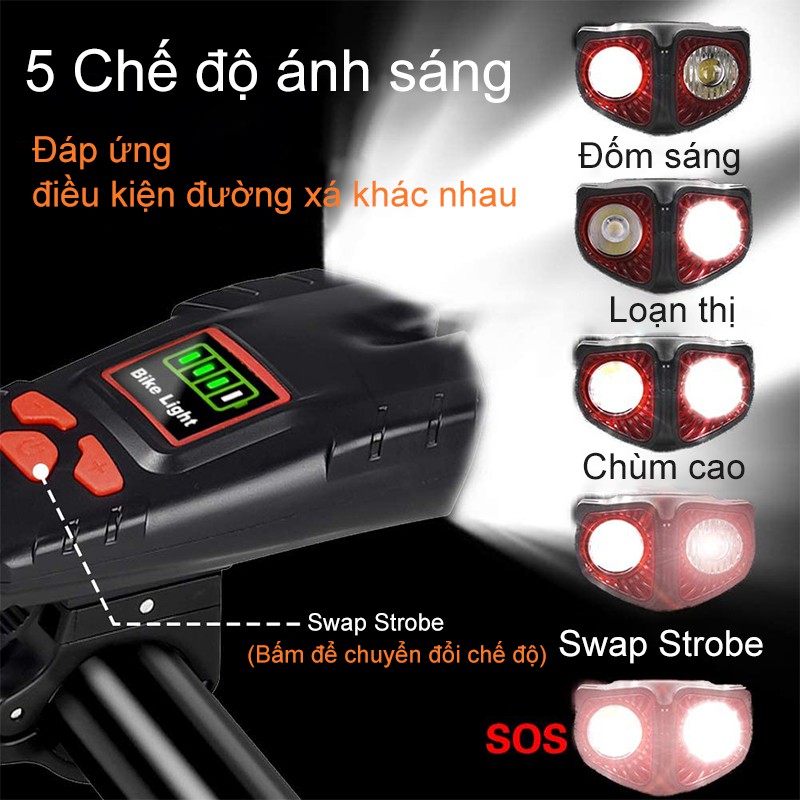 Đèn pha xe đạp 1000 lumen 6 âm thanh kèm dây cáp và 3 chế độ 5