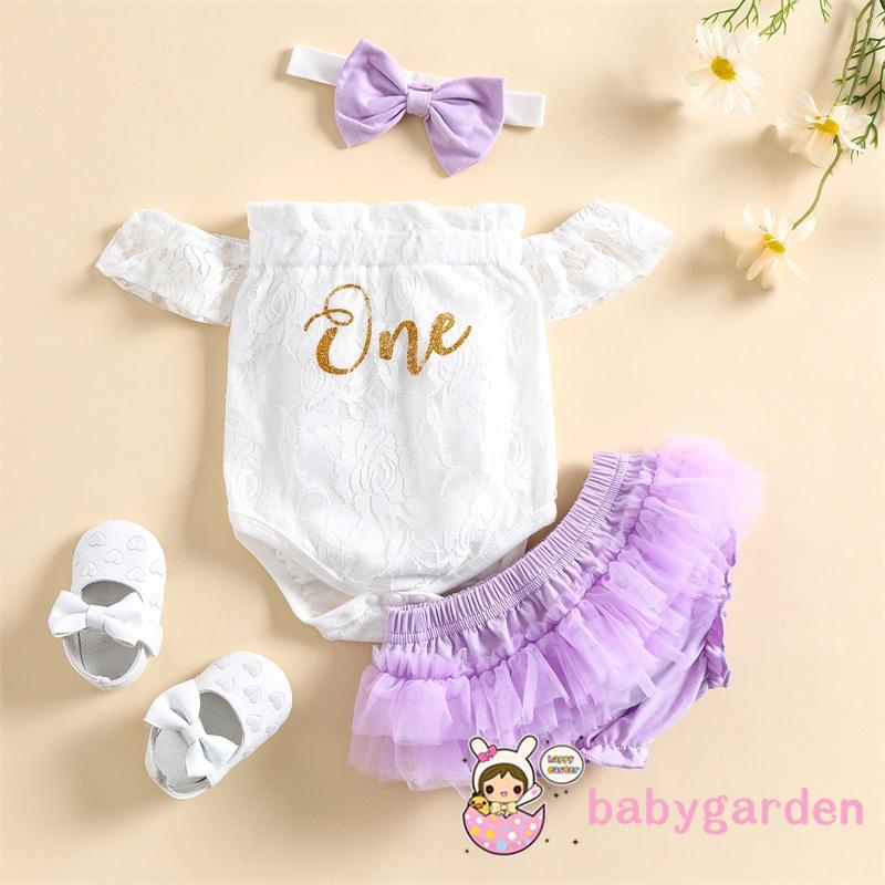 BABYGARDEN-0-24momths Baby Girl Outfits, Off Shoulder Short Sleeve Floral Lace Romper Ruffle Elastic Waist Shorts