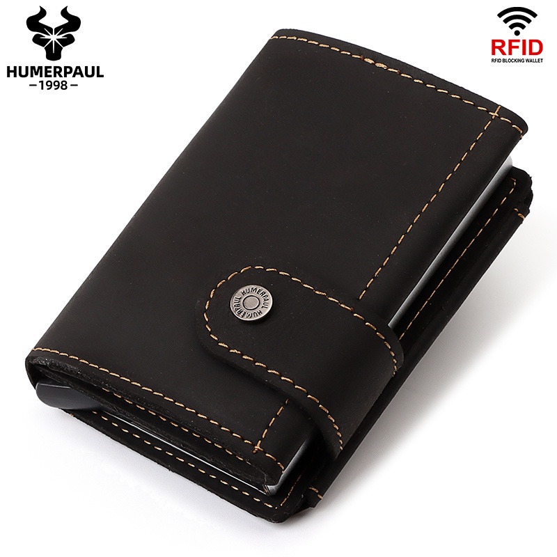 Chủ thẻ chặn RFID Ví nam Tự động bật lên Hộp đựng thẻ ID Crazy Horse Leather Ví tiền xu Nam Hộp nhôm