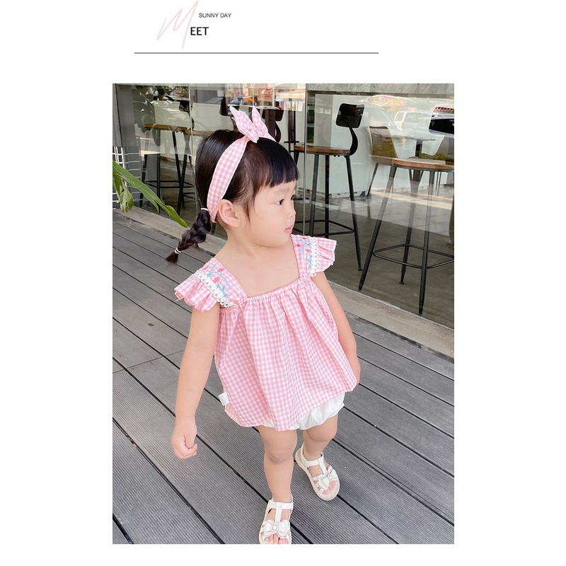 Set Đồ Mùa Hè 3 Món Gồm Đầm Không Tay + Quần Ngắn + Băng Cài Đầu Thời Trang Hàn Quốc Cho Bé Gái