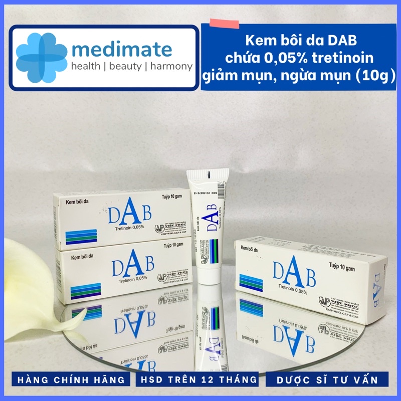 Kem bôi da DAB tretinoin 0,05% giảm mụn, giảm sạm da, sáng da (tuýp 10g)