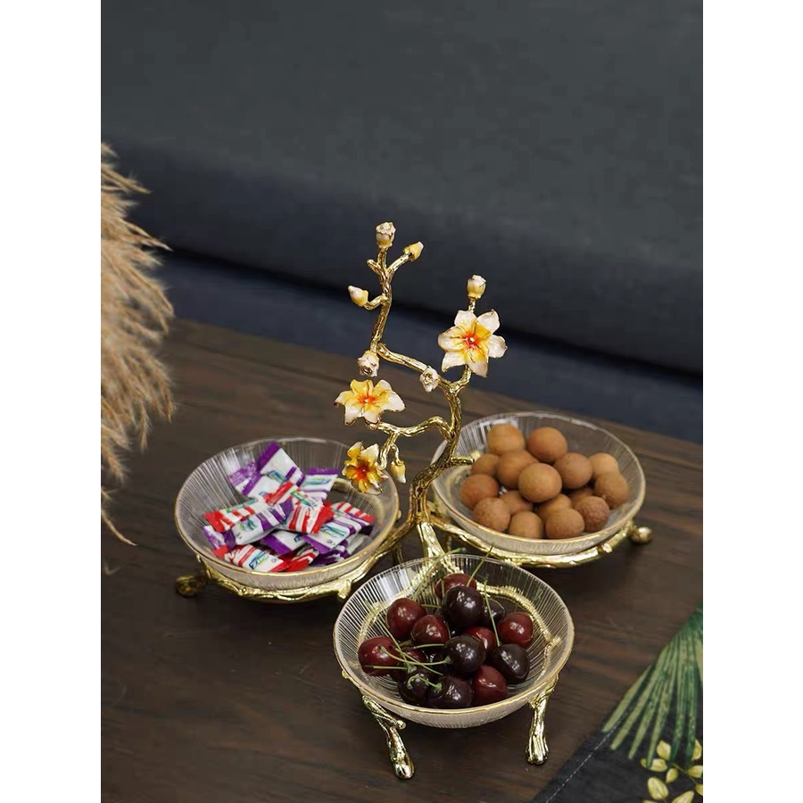 Khay pha lê hoa vàng decor cao cấp, trang trí, bày hoa quả sang trọng hiện đại, tinh tế, cakestand