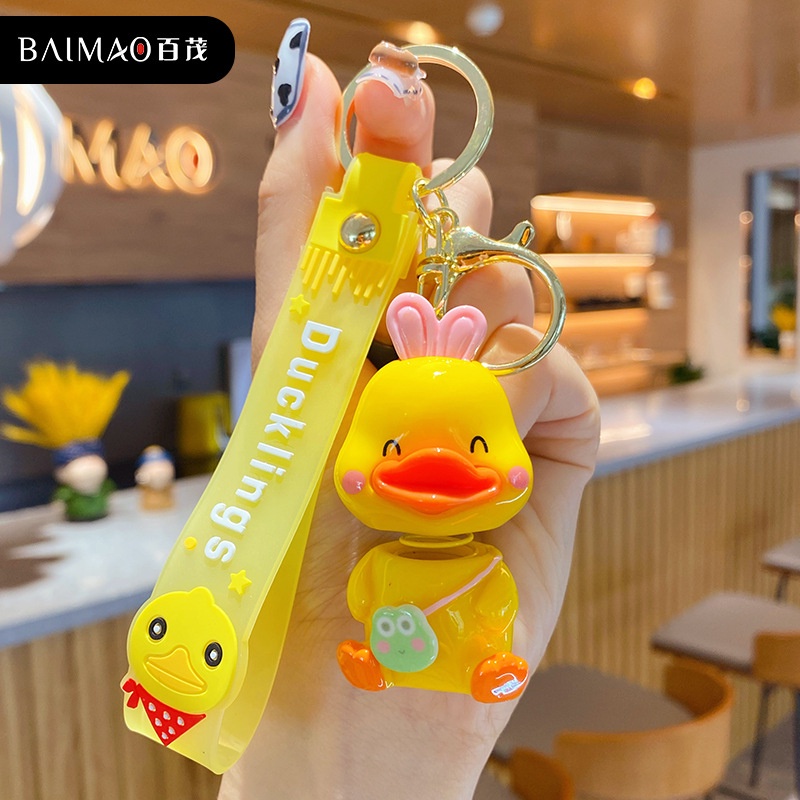 Móc Khóa cute hình vịt vàng cổ lò xo màu sơn bóng cao cấp, móc khóa dễ thương, móc khóa treo balo phong cách Hàn Quốc