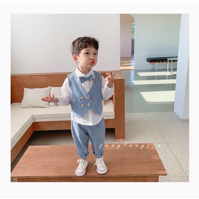Set áo sơ mi dài tay kèm quần và áo ghile cho bé trai🐶Set vest cho bé