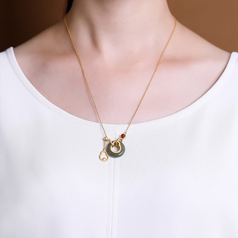 Fancy Vòng Cổ Mặt Đá Ngọc Bích Vàng Hetian Khóa An Toàn Cỡ Nhỏ Thời Trang Cổ Điển Dành Cho Bạn Nữ