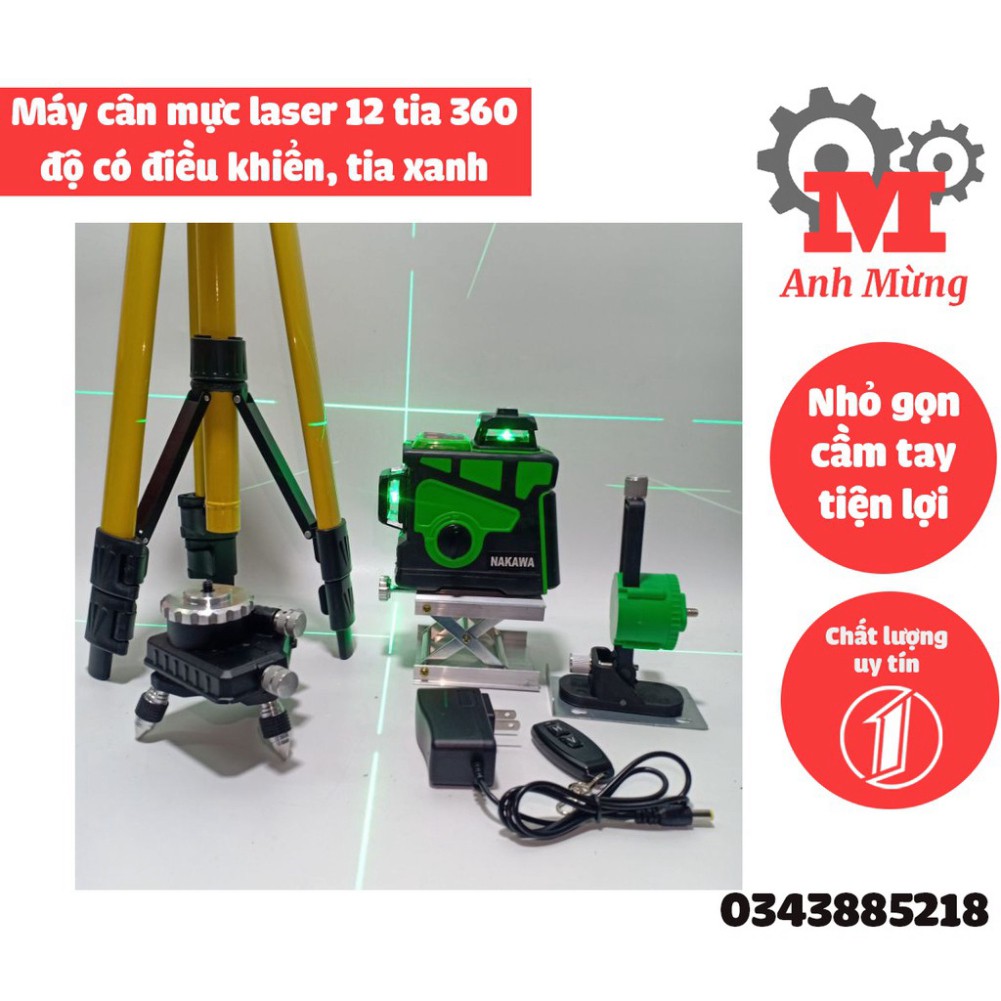 Máy cân bằng laser 12 tia 360 độ có điều khiển, tia xanh, công nghệ nhật bản