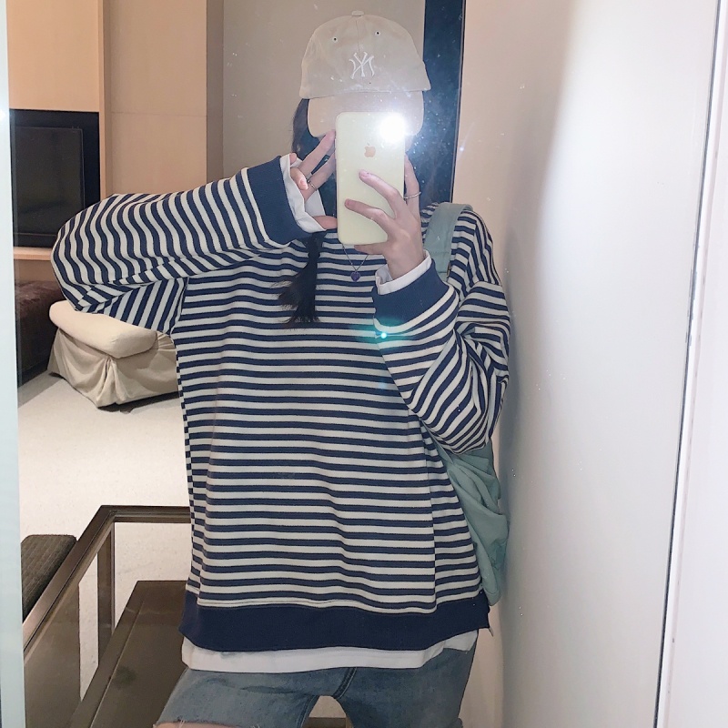 Áo Thun Sweater Mỏng Cổ Tròn Dáng Rộng Kẻ Sọc Thời Trang Mùa Thu Cho Nữ