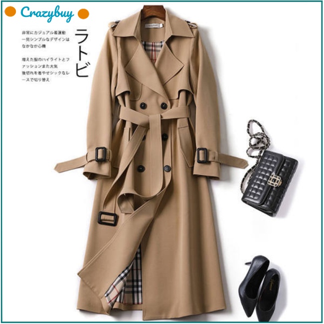 CR Women Double-breasted  Trench  Coat With Belt, Long Sleeve Mid-length Lapel Overcoat, Slim Fit Over-the-knee Coat