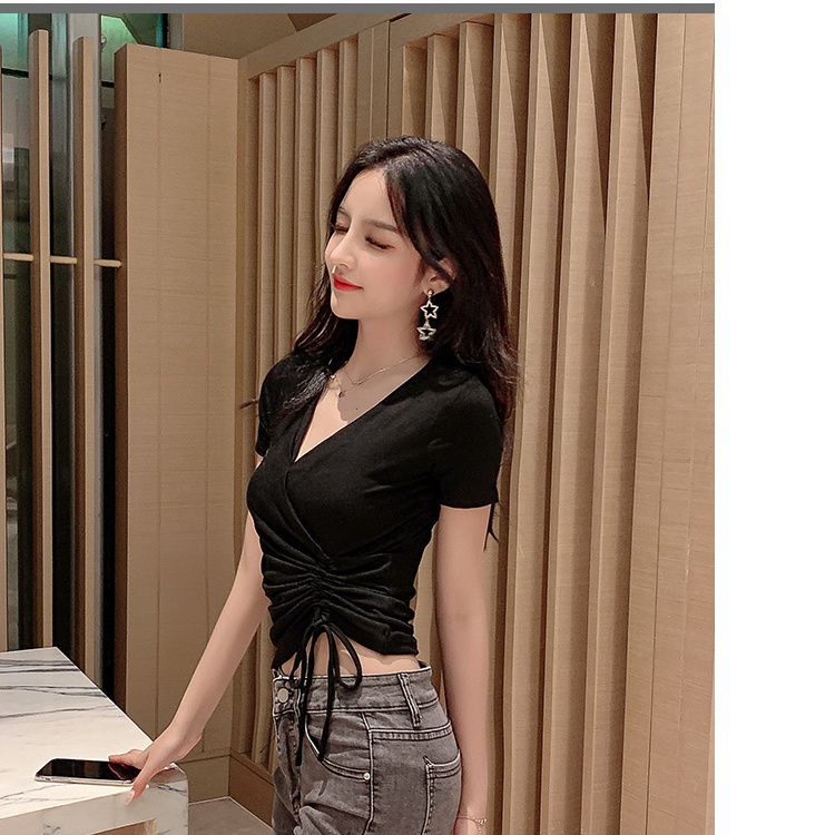 Korean Style White Lace-up Tight Short SleeveTShirt Women's Short Style CropVCollar Drawstring Slim Top