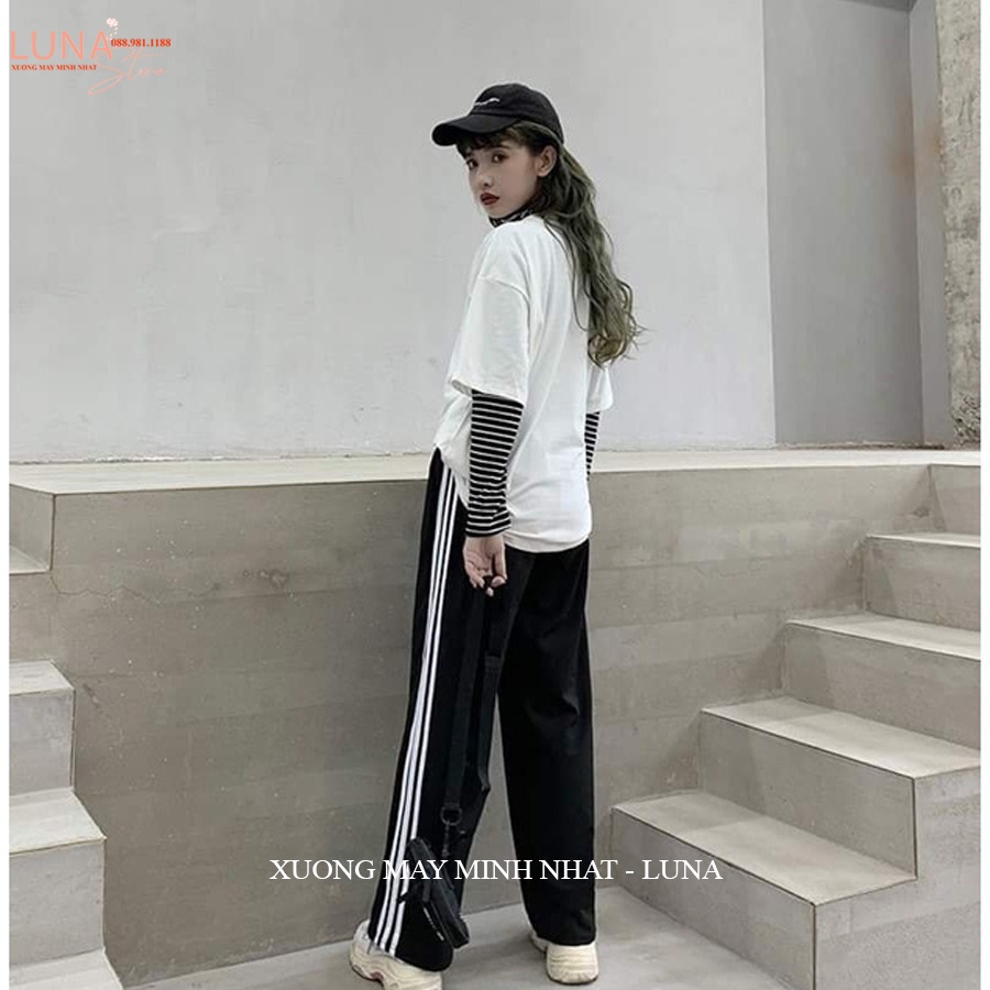 Quần thể thao 3 sọc nữ ống rộng viền kẻ sọc trắng có dây rút kéo - Quần thể thao ống suông dài nữ vải mềm đi học thể dục