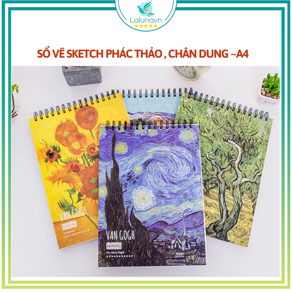 Sổ tay vẽ phác thảo chân dung màu chì bìa BST tranh VanGogh khổ A4 100gsm dễ thương cao cấp -B14