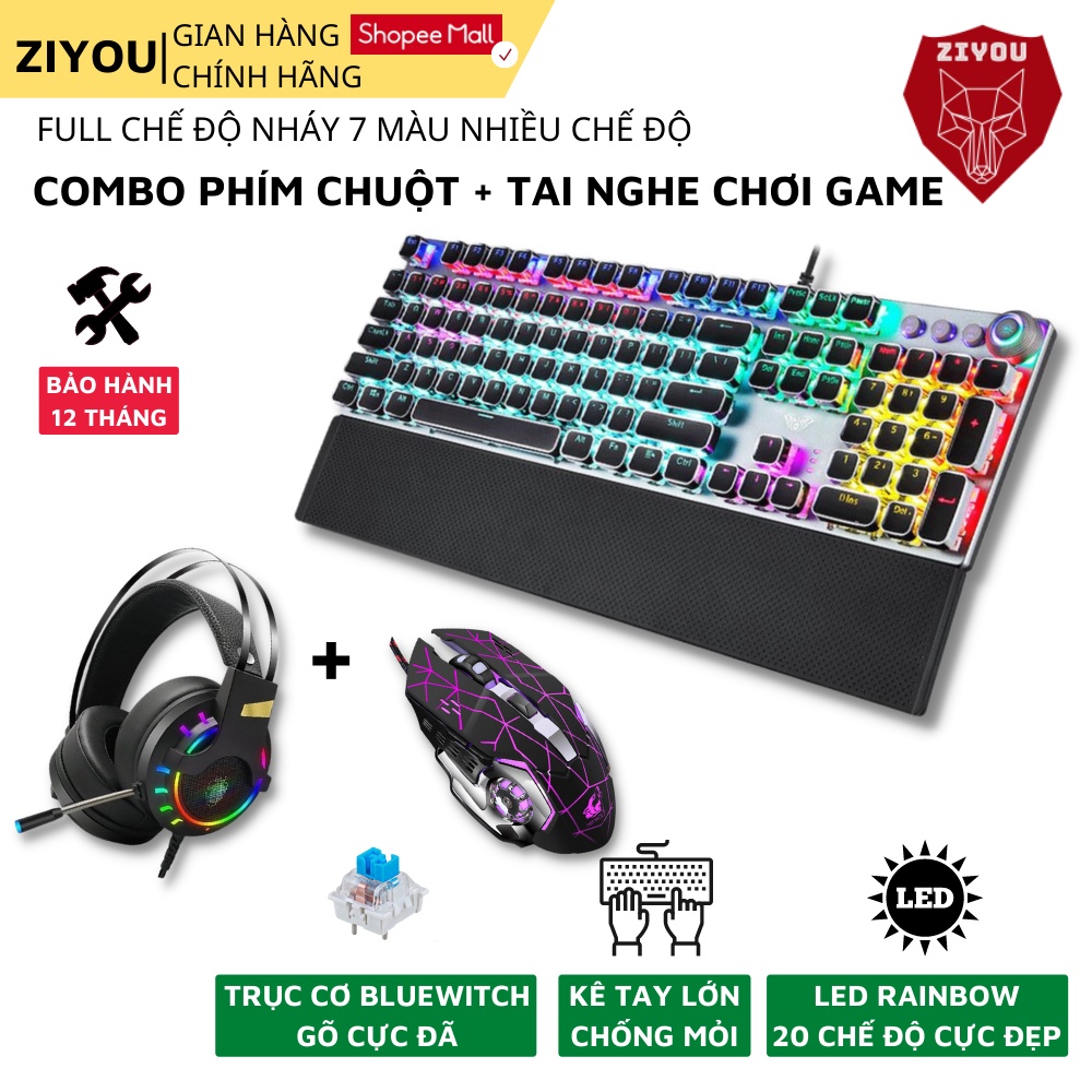 Combo Bàn Phím Cơ Và Chuột Kèm Tai Nghe Chụp Tai ZIYOU Dùng cho văn phòng, chơi game cực đã cho máy tính, FZ508+V5+K3