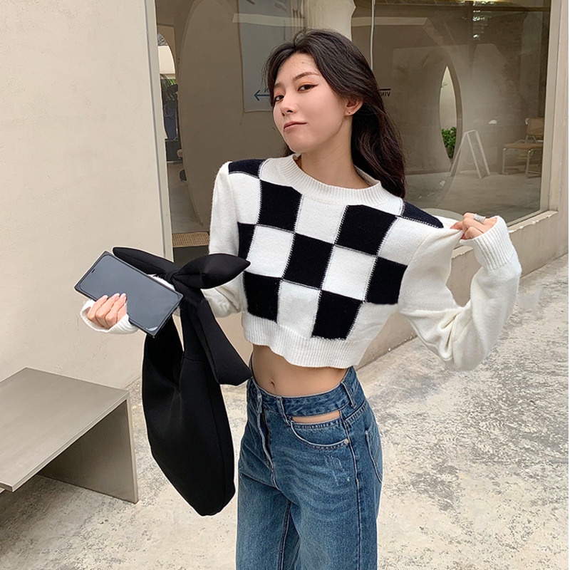 Áo Len Tay Dài Họa Tiết Kẻ Sọc Trắng Đen Thời Trang Mùa Thu Cho Nữ
