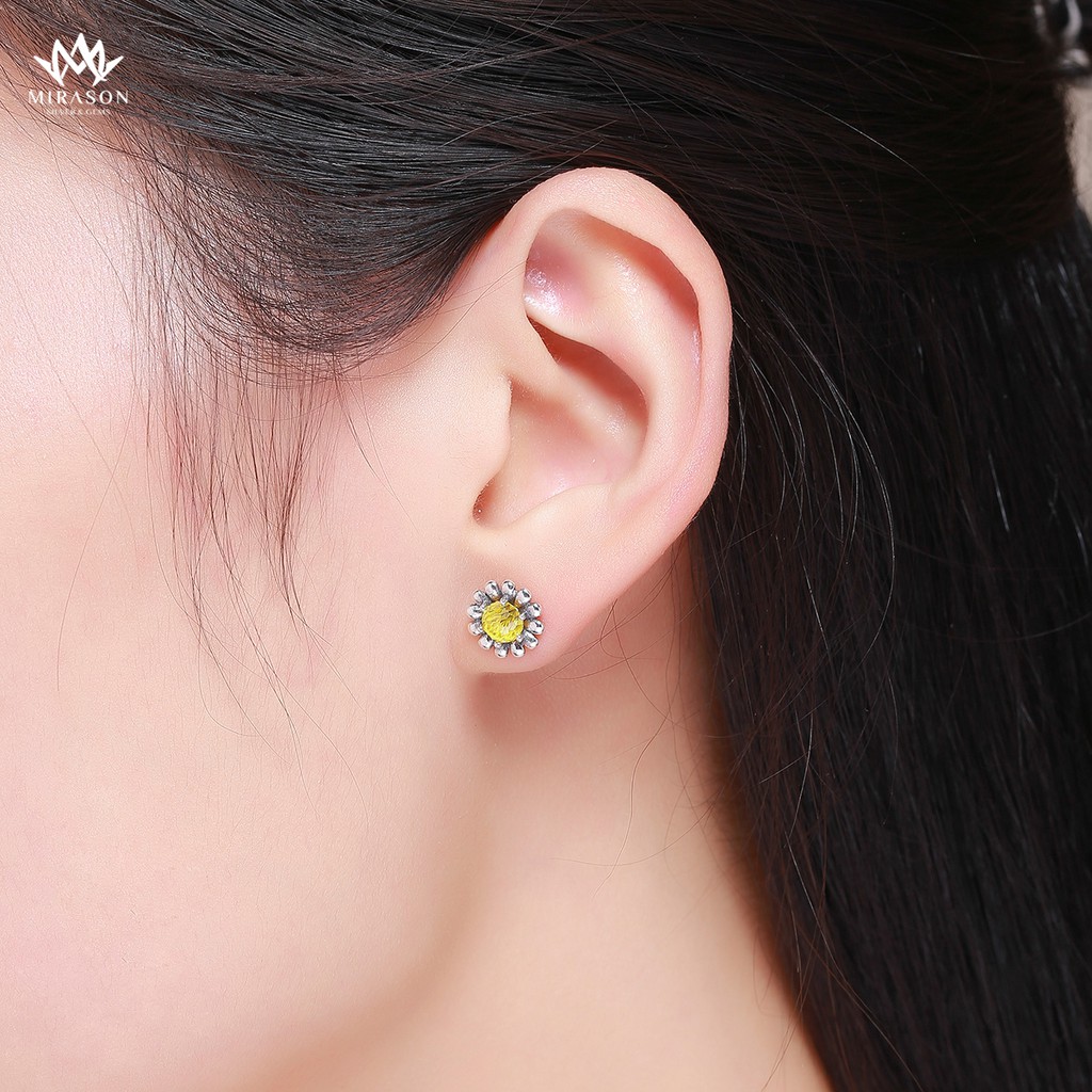Khuyên Tai Bạc Nữ MIRASON Hoa Cúc Nụ Nạm Đá Vàng Sang Trọng MBT039 - Bông Tai Nữ Bạc 925 Cao Cấp