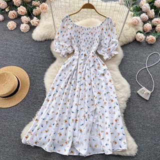 Đầm Hoa Tay Phồng Cổ Vuông Lưng Cao Thời Trang Mùa Hè Hàn Quốc Cho Nữ