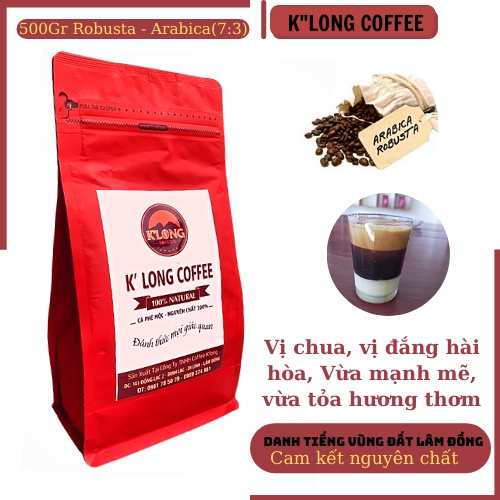 Cà phê nguyên chất rang mộc mix chuẩn 2 loại hạt Robusta: Arabica theo tỉ lệ  đến từ KLONG Coffee Lâm Đồng Gói 500g