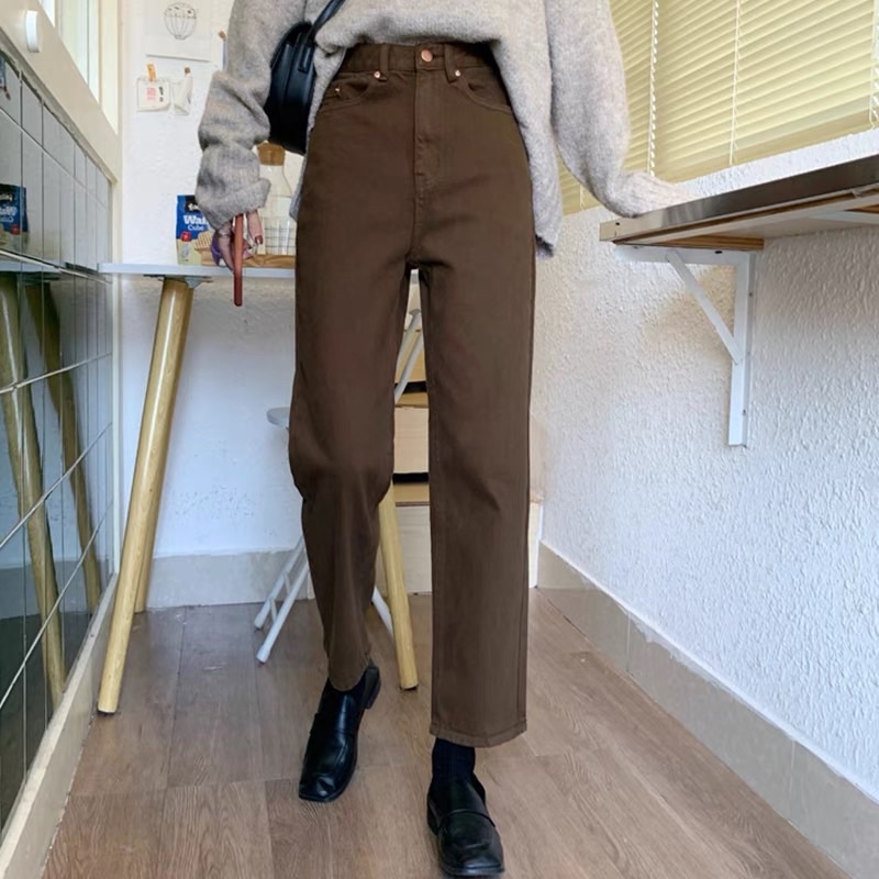 Quần jean suông dáng baggy màu khaki nâu dễ mặc, che khuyết điểm-344
