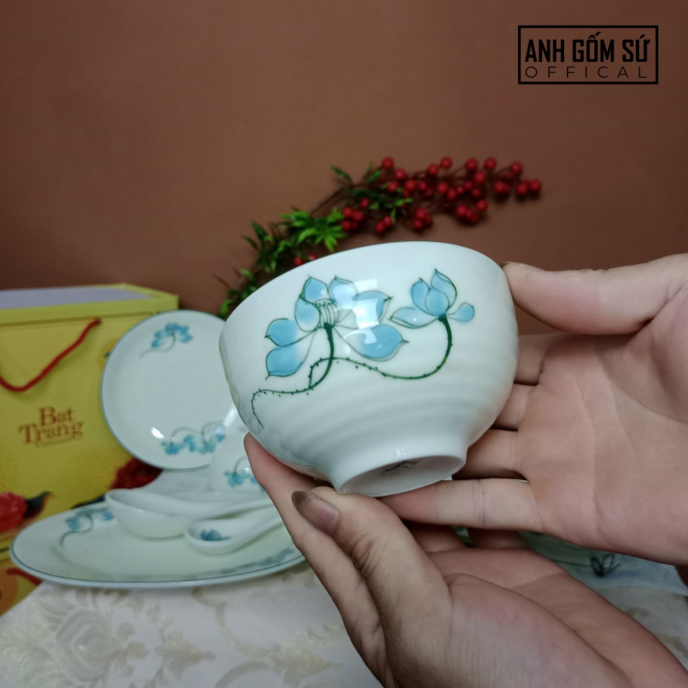 Bộ chén dĩa men kem, bộ bát đĩa sứ Bát Tràng, họa tiết sen xanh cao cấp 13 chi tiết, bán lẽ từng món