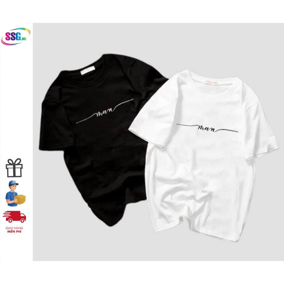 Áo thun trắng đen unisex form rộng nam nữ chữ kiều MAN vải dày mịn