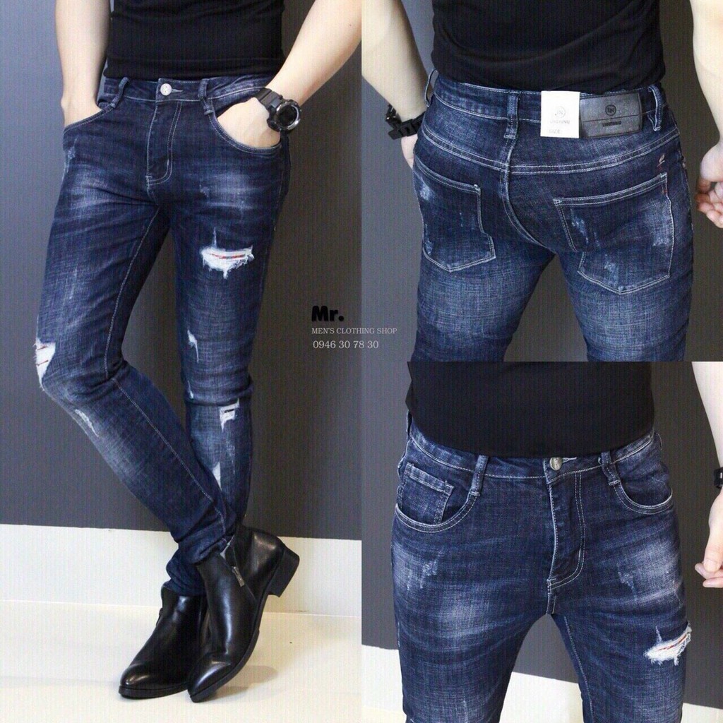 Quần Jean Nam Dài Rách Gối Màu Xanh Đậm, Quần Bò Nam Cao Cấp MuradFashion MS7367