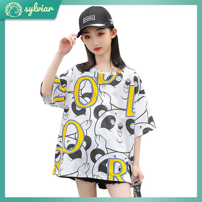 [sylviar] Girls  T-shirt Summer Cotton Cartoon Panda Print Crew-neck Short-sleeved Loose Top For 4-10 Years Old