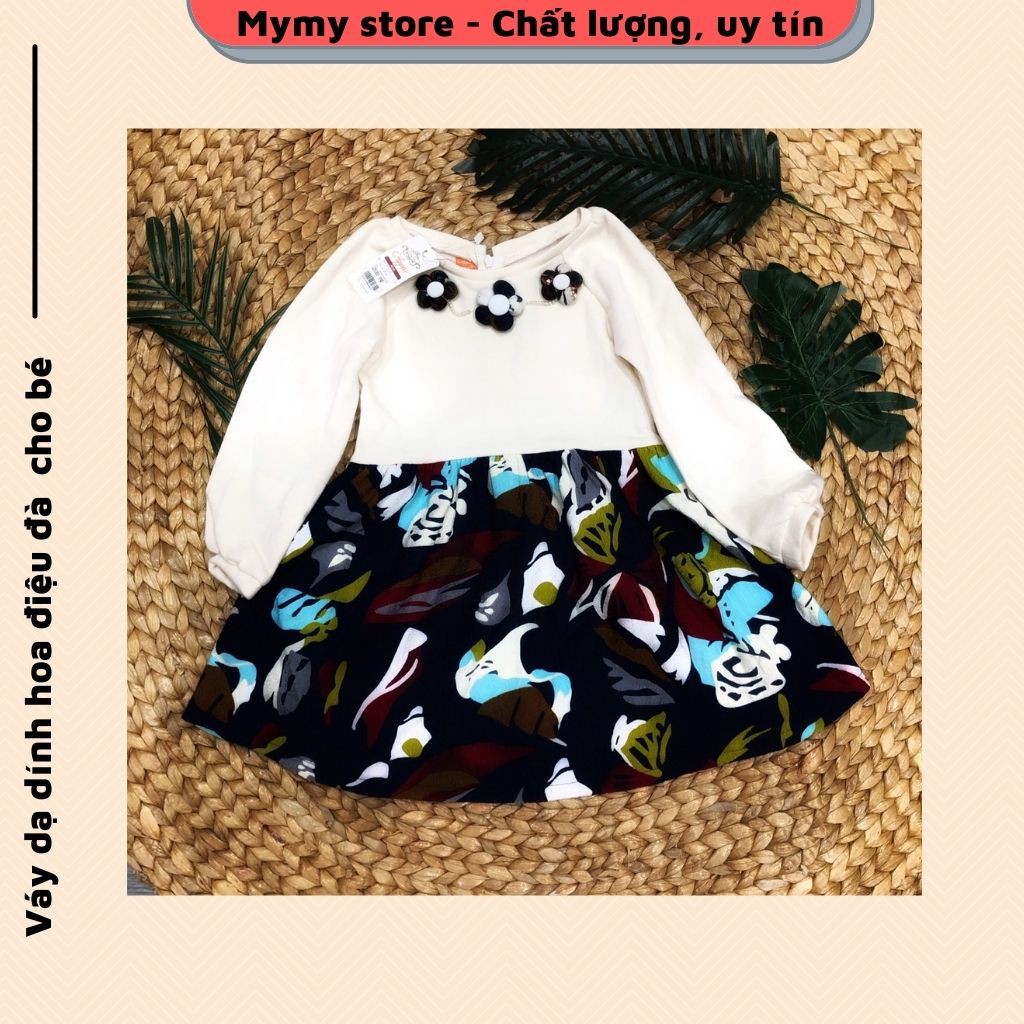 Váy thu đông bé gái, váy đầm dạ xòe cổ đính hoa tay bồng điệu đà cho bé