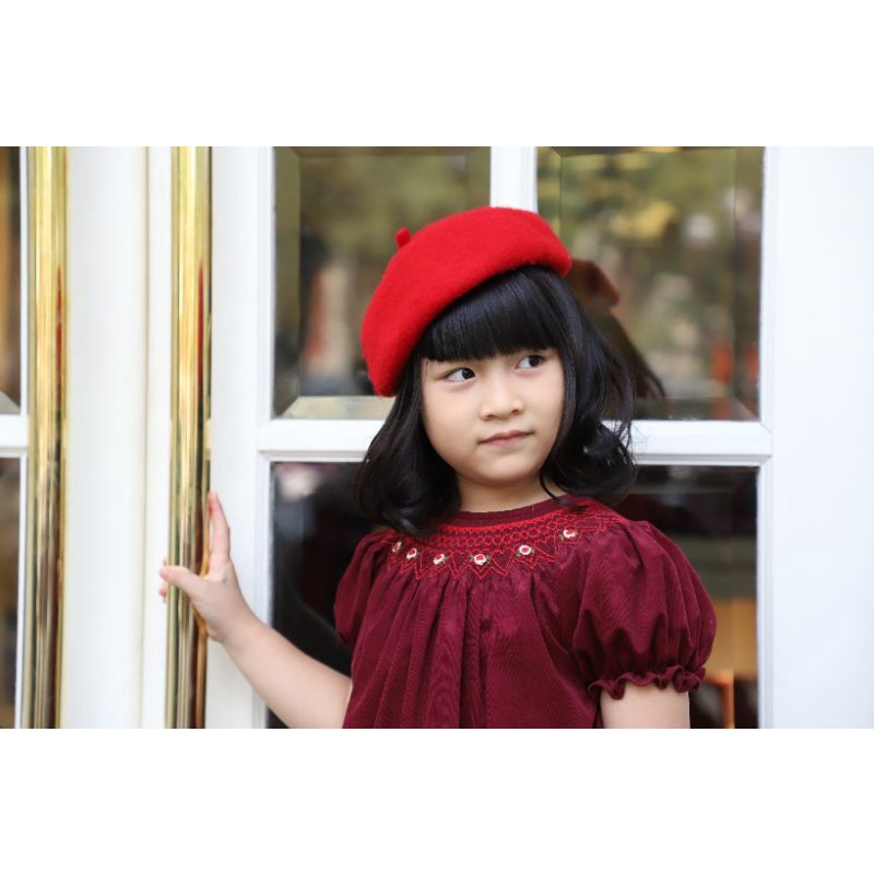 Váy smock nhung tăm cotton tay cộc bồng