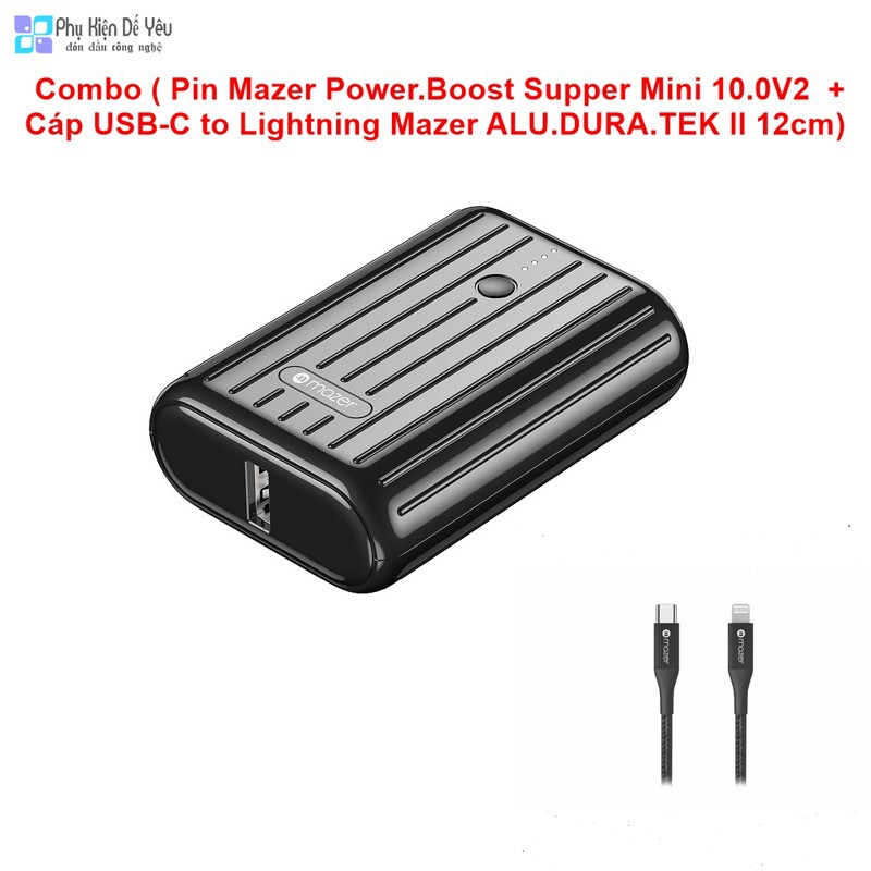 Combo (Pin sạc dự phòng Mazer Power.Boost Supper Mini 10.0V2 - 10.000mAh + Cáp USB-C to Lightning Mazer ALU.DURA.TEK II