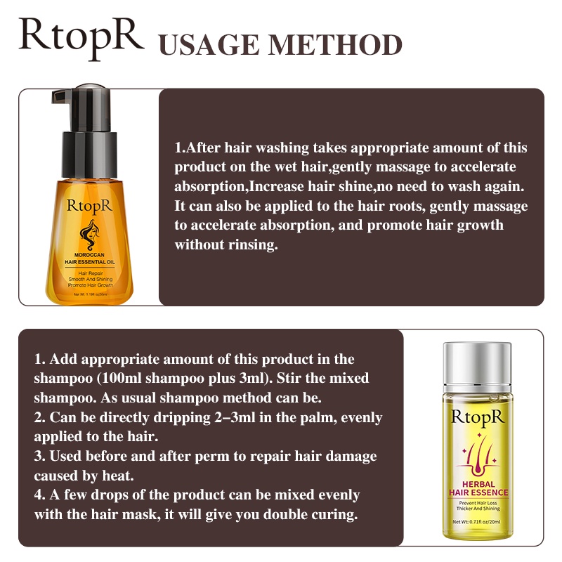 RtopR bộ chăm sóc tóc：Dầu gội thảo dược RtopR 20ml + RtopR Moroccan Hair Oil 35ml