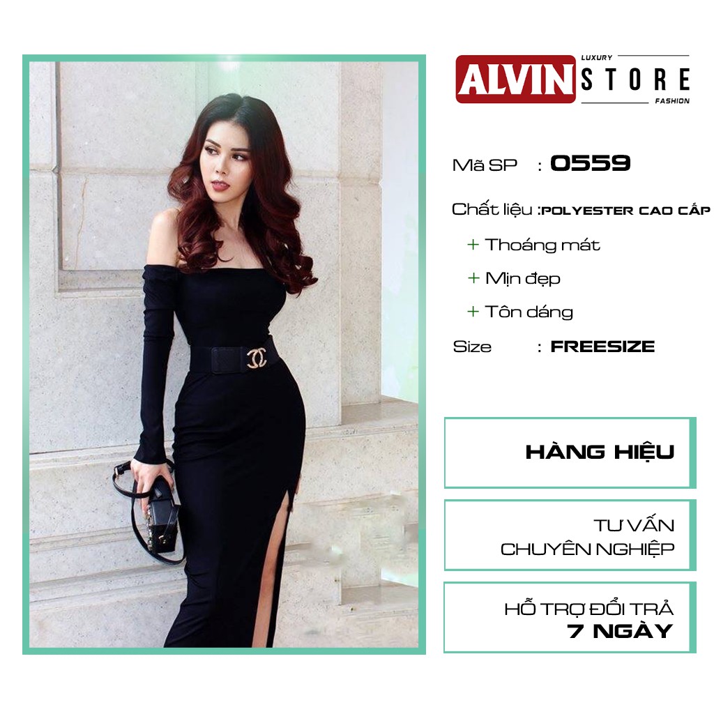 Đầm Dạ Hội Kiểu Tay Dài Vai Ngang Xẻ Tà Alvin Store 0559 NoBrand