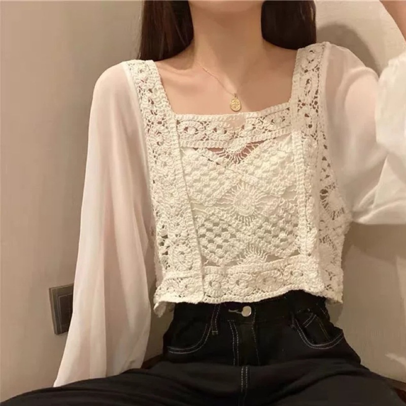 Áo Kiểu Vải Voan Mỏng Tay Phồng Dài Cổ Vuông Thời Trang Mùa Thu Cho Nữ