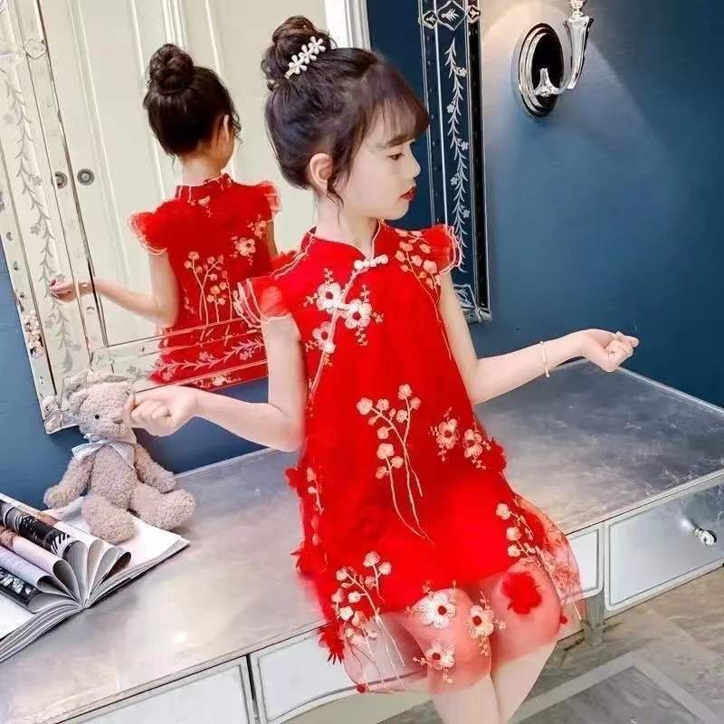 SANITKUN Đầm sườn xám họa tiết hoa phong cách Trung Hoa năm mới thời trang xinh xắn dành cho bé gái