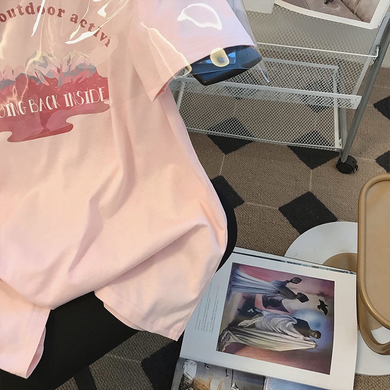 Áo Thun Nữ Ngắn Tay Cổ Tròn In Chữ Màu Hồng