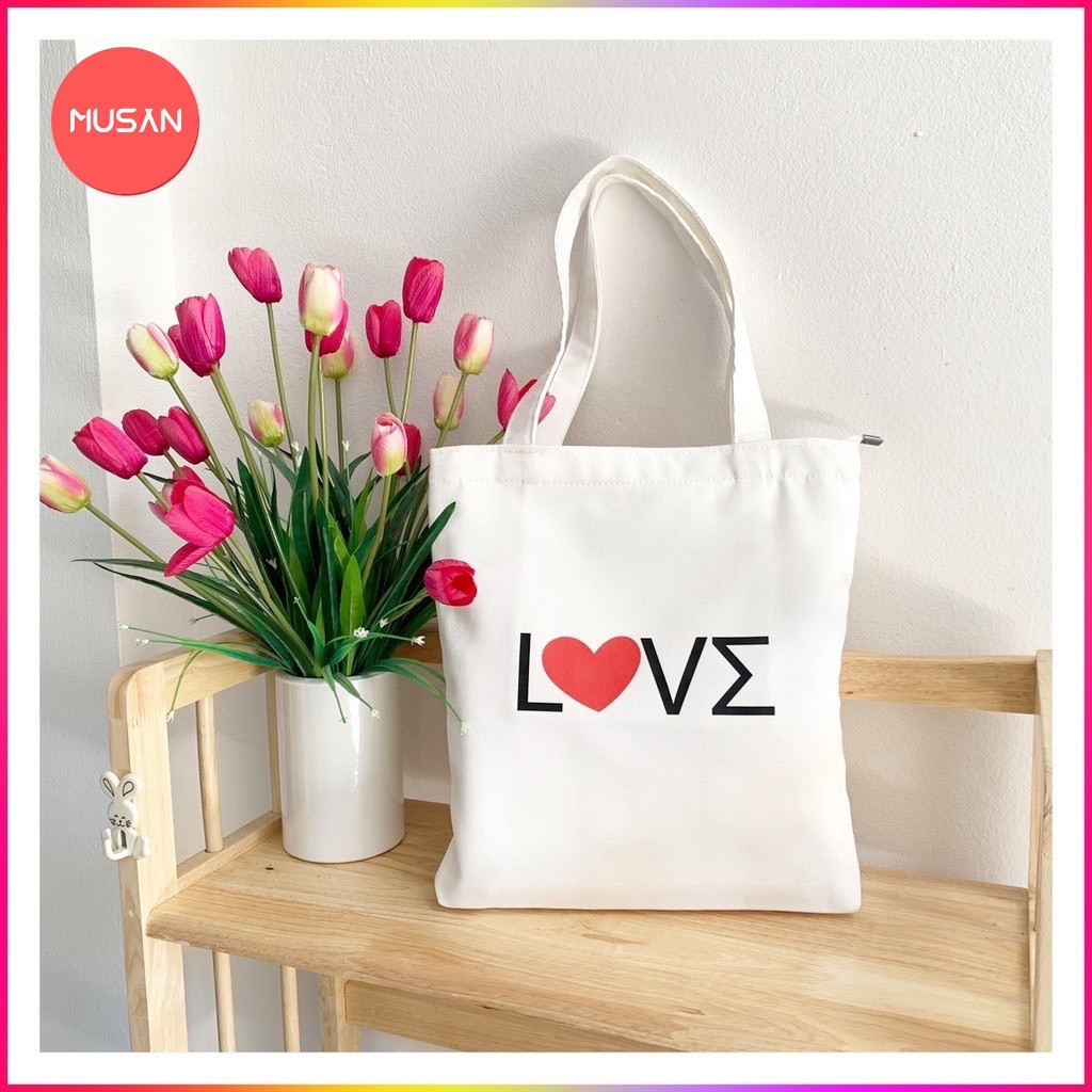 Túi vải tote canvas có khoá in hình chữ Love cực phong cách