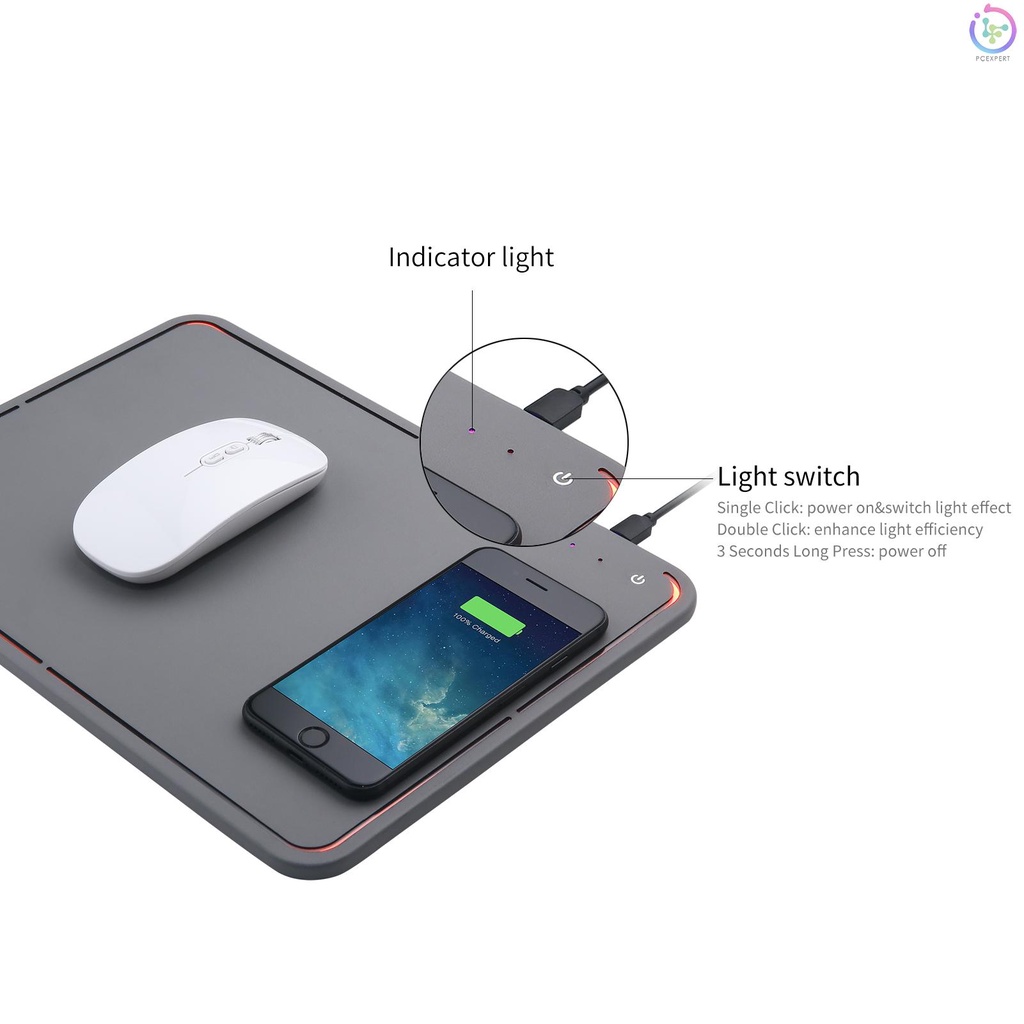 10W Wireless Charging Luminous Mouse Pad 2 in 1 Multifunctional Colorful RGB Quick Charge Non-slip Phone Charge Board Black