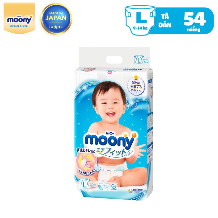 Tã dán cao cấp Moony S84/M64/L54 Nhập khẩu từ Nhật Bản