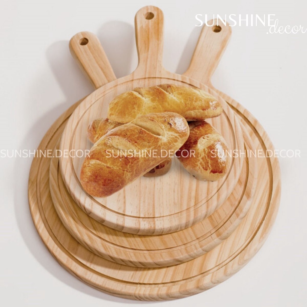 Thớt gỗ tròn khay pizza có tay cầm đựng đồ ăn chụp ảnh decor