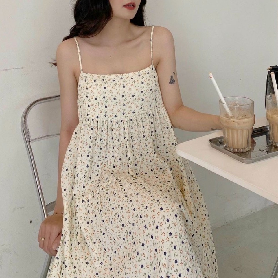 Váy Hai Dây Hoa Nhí Vàng Vintage ❤️ Hana Store - Freeship ❤️ Đầm nữ dáng suông dài họa tiết hoa nhí vàng vintage Ulzzang