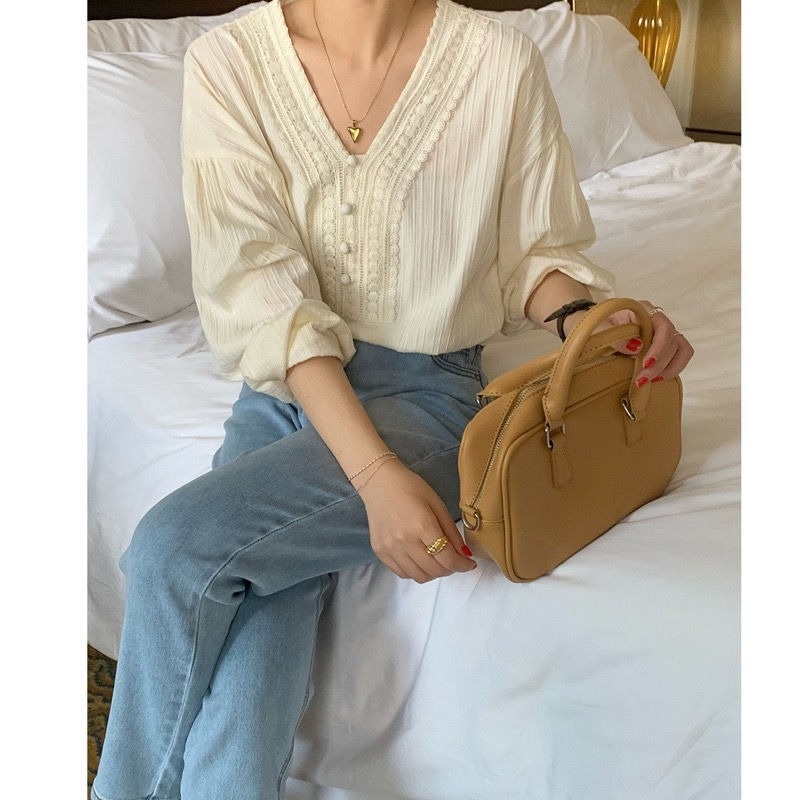 Áo Sơ Mi Tay Dài Cổ Chữ V Dáng Suông Thanh Lịch Hợp Thời Trang Phong Cách Hàn Quốc Cho Nữ
