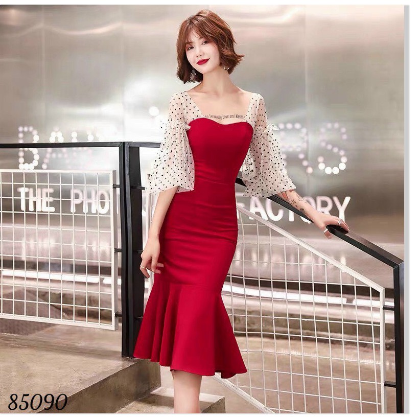 ĐẦM BODY ĐUÔI CÁ TAY PHỐI LƯỚI CHẤM BI TIỂU THƯ SIÊU XINH