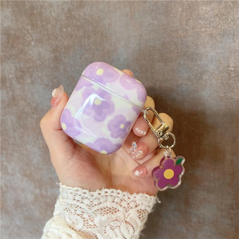 Vỏ cứng bảo vệ hộp sạc tai nghe bluetooth không dây họa tiết hoa tím thích hợp cho Apple 1/2/3